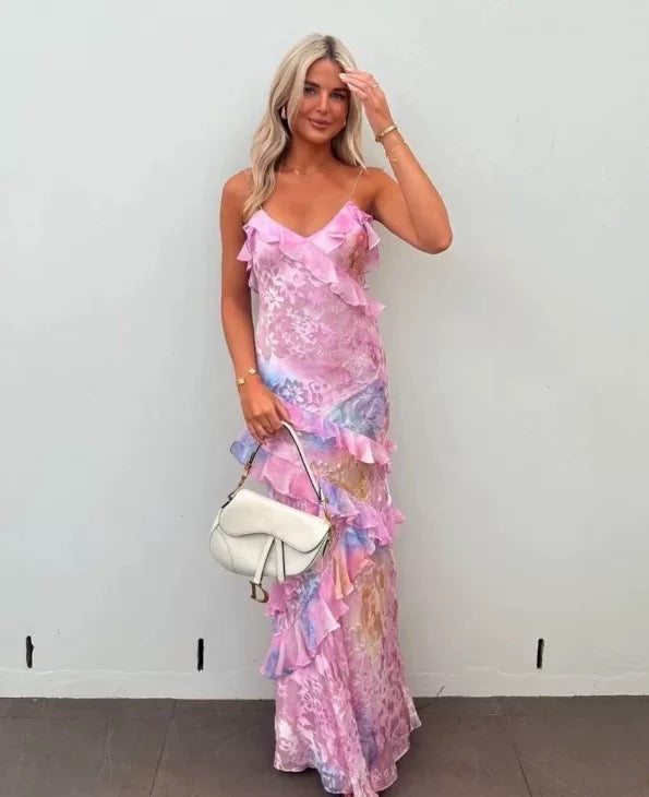 Gorgeous Mermaid Spaghetti Straps Floor Length Floral Yellow Chiffon Prom Dresses Prom Dress