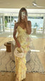 Gorgeous Mermaid Spaghetti Straps Floor Length Floral Yellow Chiffon Prom Dresses Prom Dress