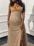 Gorgeous Mermaid Spaghetti Straps Floor Length Sequin Slit Prom Dresses Prom Dress