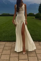 Gorgeous Mermaid Spaghetti Straps Floor-Length White Slit Prom Dresses Prom Dress