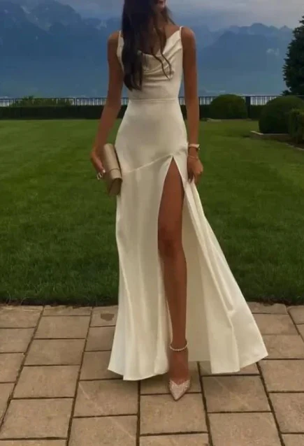 Gorgeous Mermaid Spaghetti Straps Floor-Length White Slit Prom Dresses Prom Dress