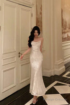 Gorgeous Mermaid Spaghetti Straps Ivory Satin Date Night Dress Prom Dresses Birthday Outfits