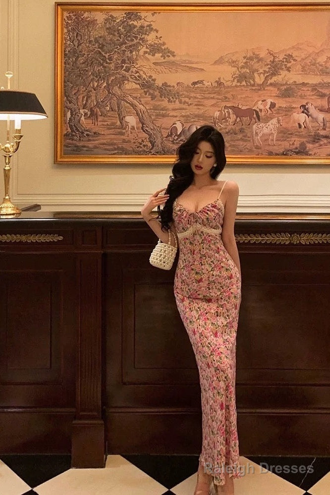 Gorgeous Mermaid Spaghetti Straps Pink Floral Date Night Dress Long Prom Dresses Birthday Outfits Secondary image