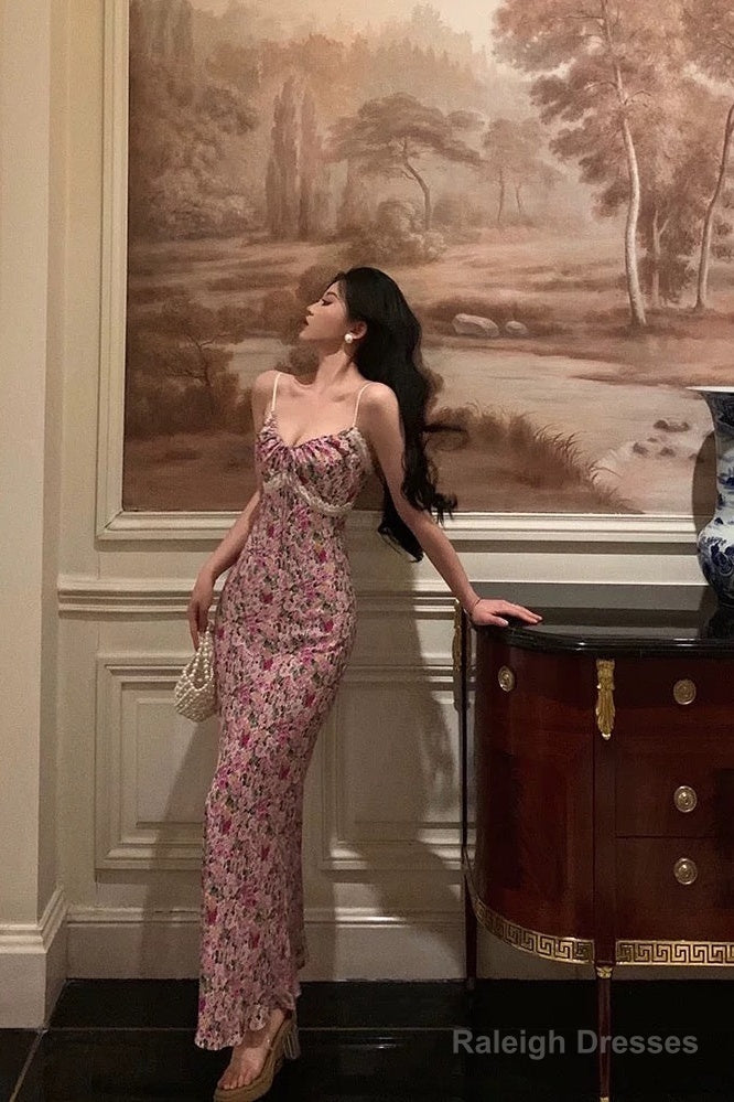 Gorgeous Mermaid Spaghetti Straps Pink Floral Date Night Dresses Prom Dress Long Birthday Outfits