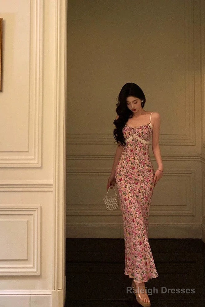 Gorgeous Mermaid Spaghetti Straps Pink Floral Date Night Dress Long Prom Dresses Birthday Outfits Main image