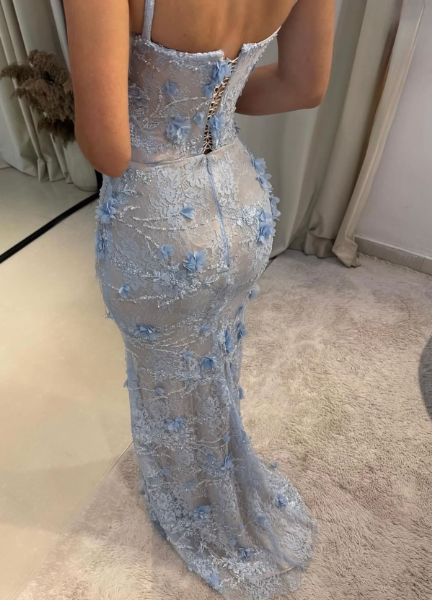 Gorgeous Mermaid Spaghetti Straps Satin Applique Long Prom Dresses Prom Dresses