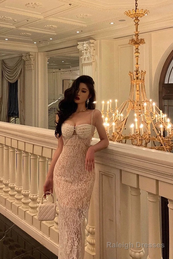 Gorgeous Mermaid Spaghetti Straps Sleeveless Date Night Dresses White Lace Prom Dress Birthday Outfits