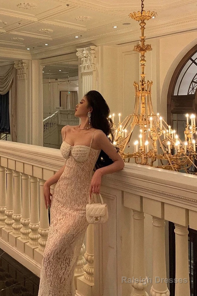 Gorgeous Mermaid Spaghetti Straps Sleeveless Date Night Dress White Lace Prom Dresses Birthday Outfits