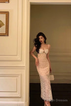 Gorgeous Mermaid Spaghetti Straps Sleeveless Date Night Dress White Lace Prom Dresses Birthday Outfits