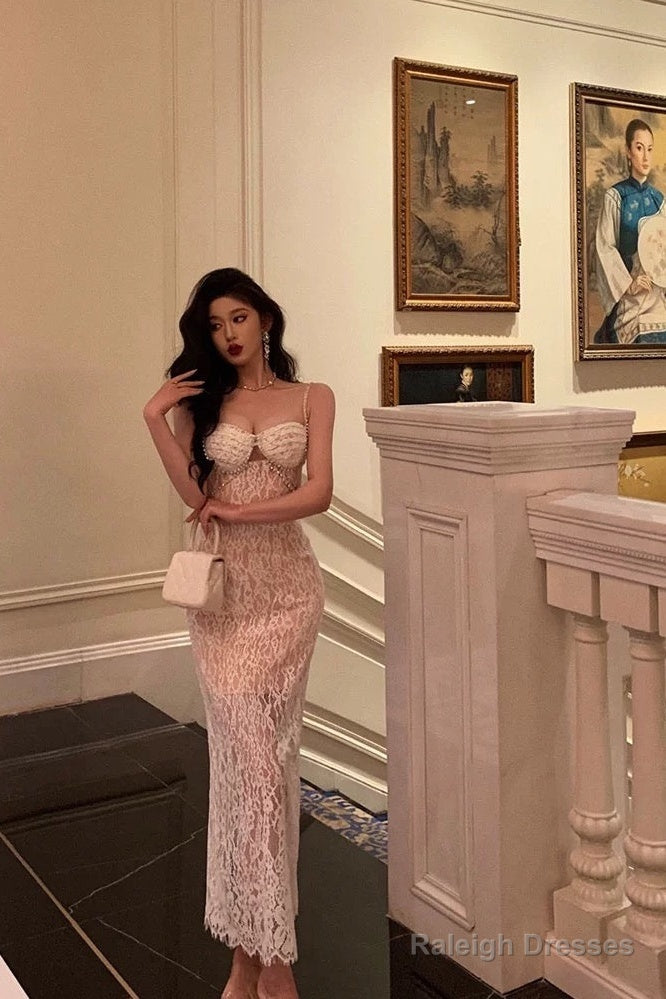 Gorgeous Mermaid Spaghetti Straps Sleeveless Date Night Dress White Lace Prom Dresses Birthday Outfits