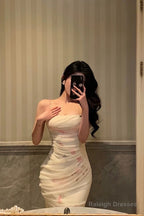 Gorgeous Mermaid Spaghetti Straps White Floral Date Night Dresses Prom Dress Long Birthday Outfits
