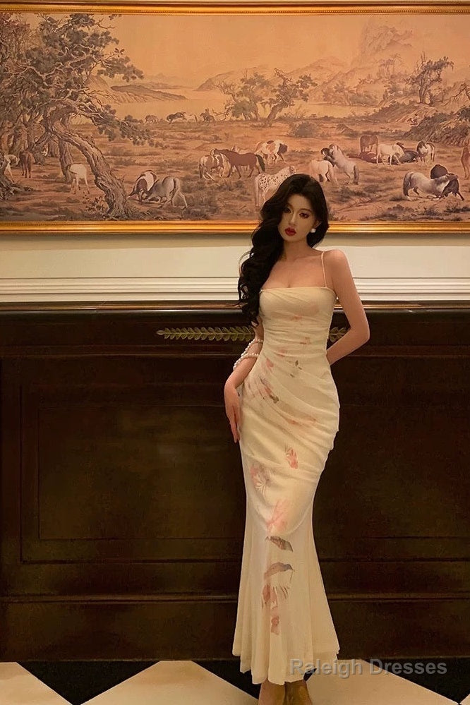 Gorgeous Mermaid Spaghetti Straps White Floral Date Night Dress Long Prom Dresses Birthday Outfits Main image