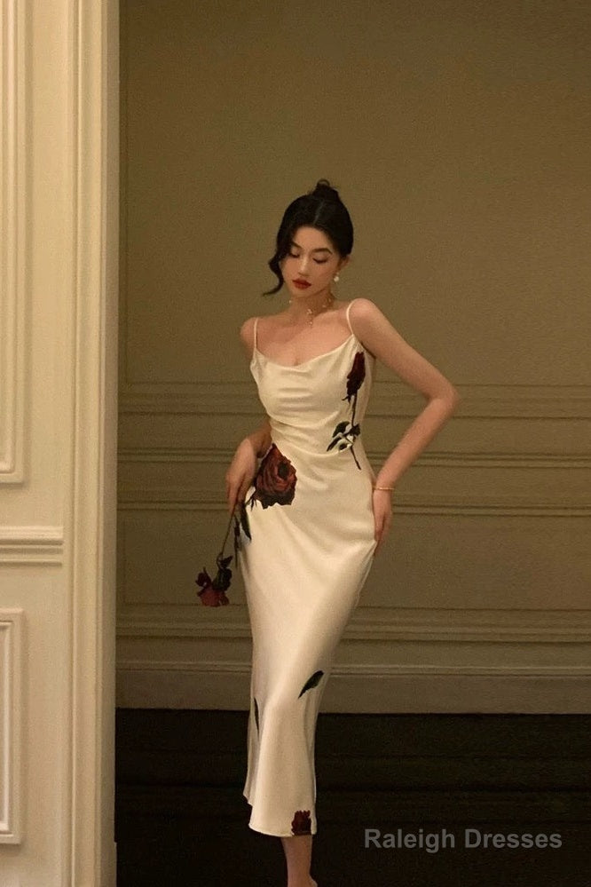 Gorgeous Mermaid Spaghetti Straps White Floral Date Night Dress Prom Dresses Birthday Outfit Main image