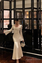 Gorgeous Mermaid Square Neckline Long Sleeves Date Night Dresses White Prom Dress Birthday Outfits
