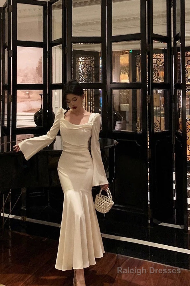 Gorgeous Mermaid Square Neckline Long Sleeves Date Night Dresses White Prom Dress Birthday Outfits