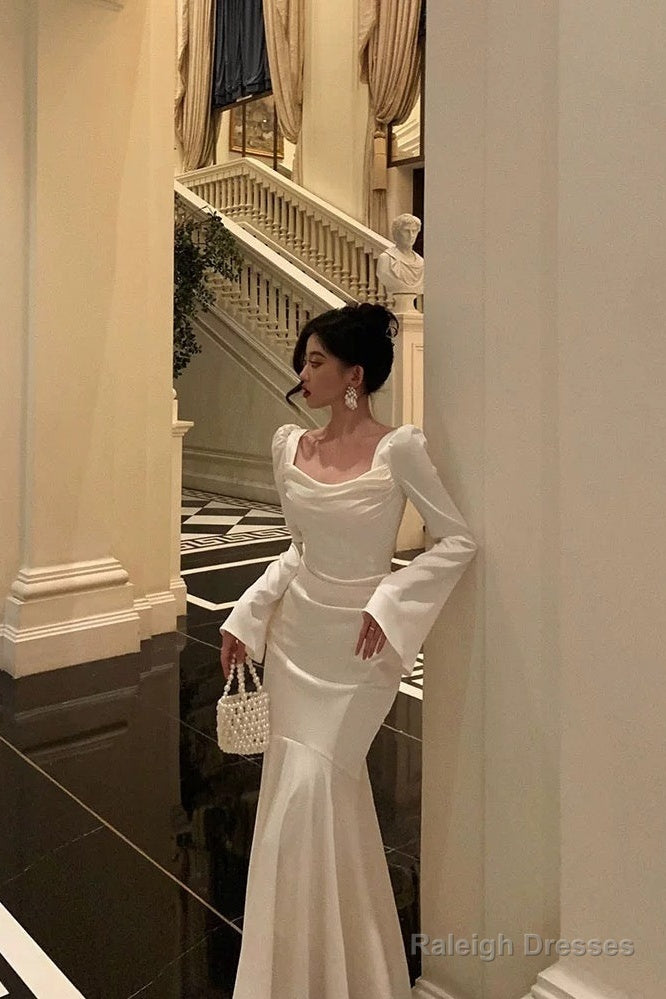 Gorgeous Mermaid Square Neckline Long Sleeves Date Night Dresses White Prom Dress Birthday Outfits