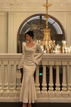 Gorgeous Mermaid Square Neckline Long Sleeves Date Night Dresses White Prom Dress Birthday Outfits