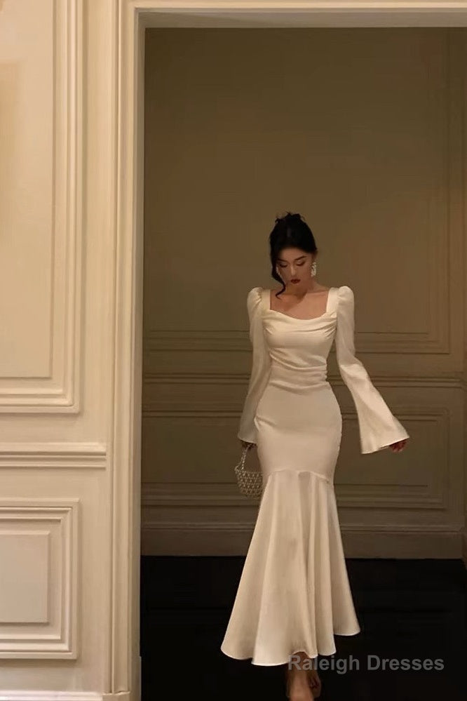 Gorgeous Mermaid Square Neckline Long Sleeves Date Night Dress White Prom Dresses Birthday Outfits Main image