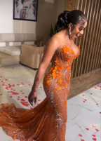 Gorgeous Mermaid Strapless Floor Length Orange Lace Sequin Prom Dresses Prom Dress