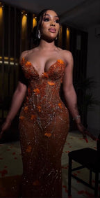 Gorgeous Mermaid Strapless Floor Length Orange Lace Sequin Prom Dresses Prom Dress