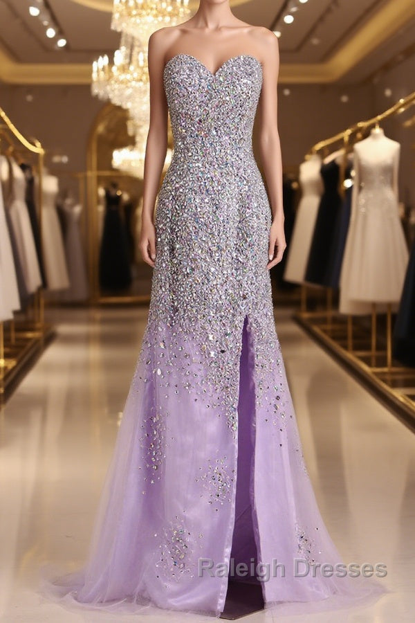 Gorgeous Mermaid Strapless Purple Beaded Long Prom Dresses, Mermaid Purple Beaded Formal Evening Dresses, Purple Ball Gown Main image