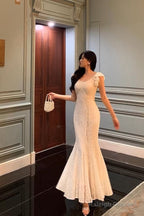 Gorgeous Mermaid Straps Date Night Dresses White Lace Prom Dress Long Birthday Outfits