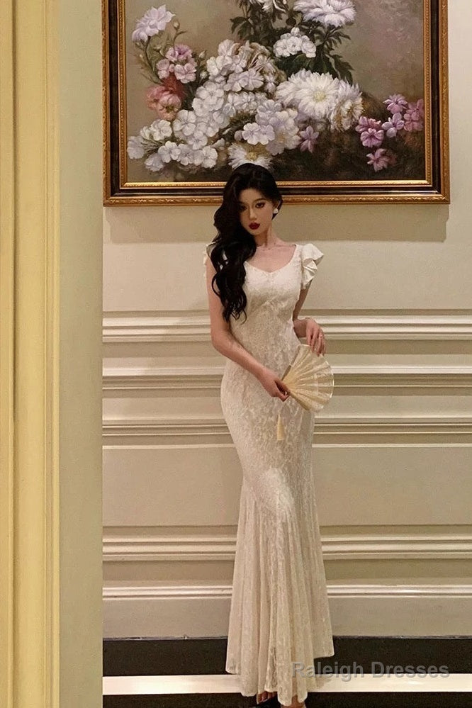 Gorgeous Mermaid Straps Date Night Dress White Lace Long Prom Dresses Birthday Outfits Main image