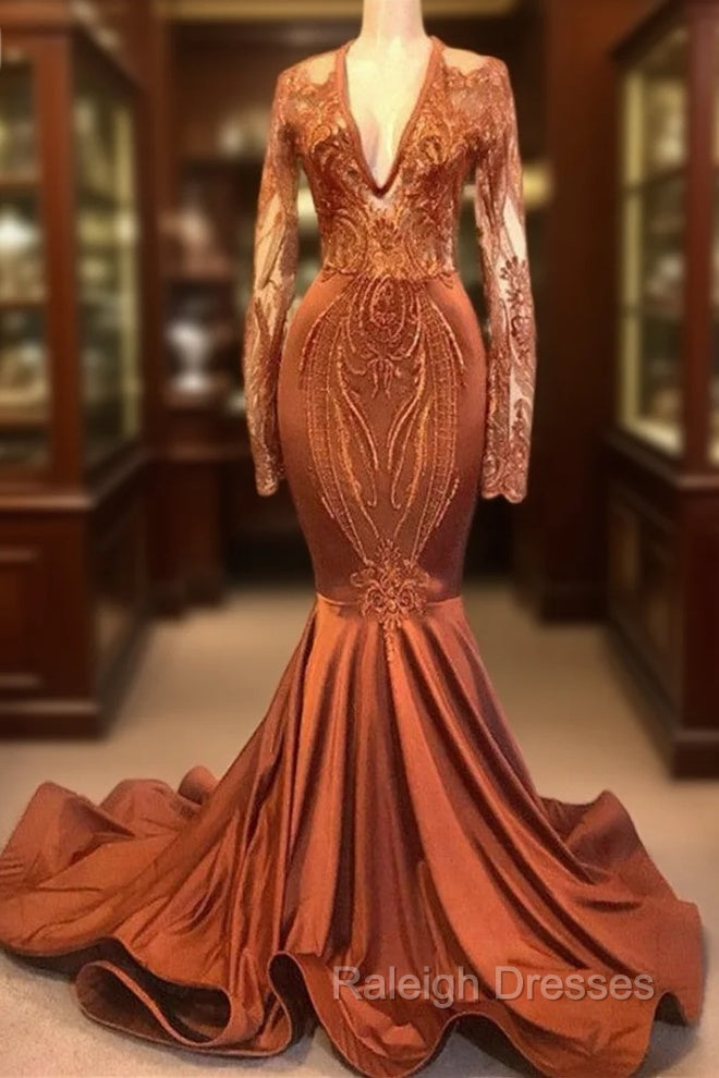 Gorgeous Mermaid V Neck Long Sleevess Prom Dresses