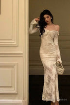 Gorgeous Mermaid V Neckline Long Sleeves Date Night Dresses White Lace Prom Dress Birthday Outfits