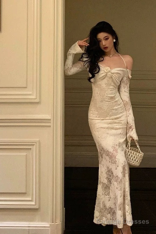 Gorgeous Mermaid V Neckline Long Sleeves Date Night Dresses White Lace Prom Dress Birthday Outfits