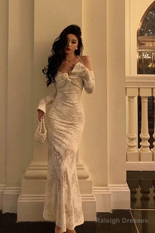 Gorgeous Mermaid V Neckline Long Sleeves Date Night Dresses White Lace Prom Dress Birthday Outfits