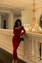 Gorgeous Mermaid V Neckline Long Sleeves Red Date Night Dresses Prom Dress Birthday Outfit