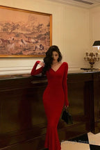 Gorgeous Mermaid V Neckline Long Sleeves Red Date Night Dresses Prom Dress Birthday Outfit