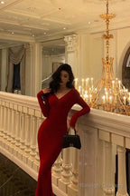 Gorgeous Mermaid V Neckline Long Sleeves Red Date Night Dresses Prom Dress Birthday Outfit