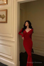 Gorgeous Mermaid V Neckline Long Sleeves Red Date Night Dresses Prom Dress Birthday Outfit