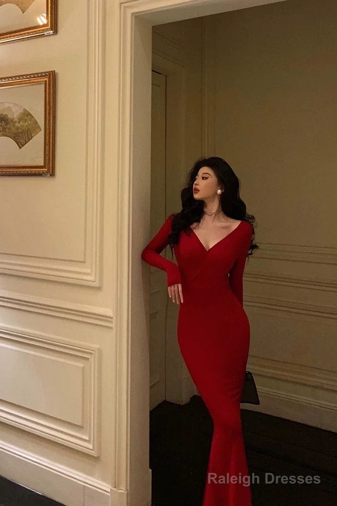 Gorgeous Mermaid V Neckline Long Sleeves Red Date Night Dresses Prom Dress Birthday Outfit