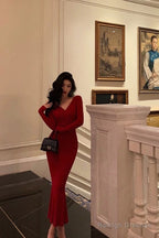 Gorgeous Mermaid V Neckline Long Sleeves Red Date Night Dresses Prom Dress Birthday Outfit