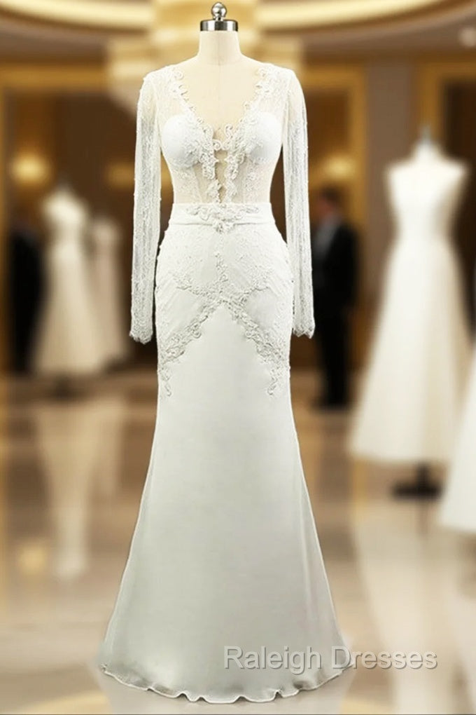 Gorgeous Mermaid Wedding Dresses Long Sleeve Sexy V-neck Lace