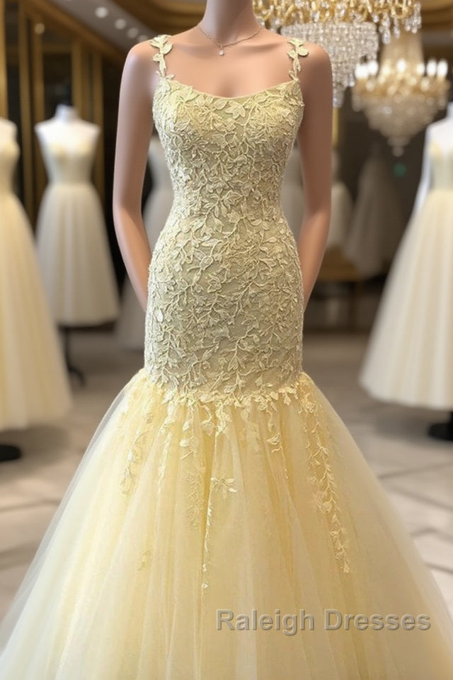 Gorgeous Mermaid Yellow Lace Long Prom Dress, Mermaid Yellow Formal Dress, Yellow Lace Evening Dress Main image
