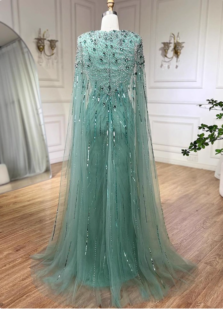Gorgeous Mint Green Deep V Cape Beaded Sequin Tulle Long Formal Prom Dress