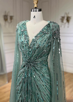 Gorgeous Mint Green Deep V Cape Beaded Sequin Tulle Long Formal Prom Dress