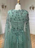 Gorgeous Mint Green Deep V Cape Beaded Sequin Tulle Long Formal Prom Dress