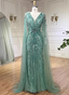 Gorgeous Mint Green Deep V Cape Beaded Sequin Tulle Long Formal Prom Dress