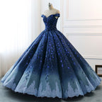 Gorgeous Navy Blue Lace Applique Off Shoulder A-line Ball Gown-Lace-Up Princess Formal Prom Dress