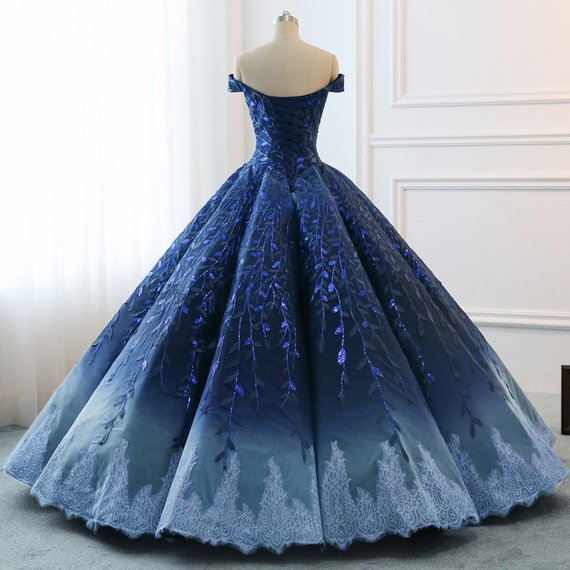 Gorgeous Navy Blue Lace Applique Off Shoulder A-line Ball Gown-Lace-Up Princess Formal Prom Dress