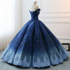 Gorgeous Navy Blue Lace Applique Off Shoulder A-line Ball Gown-Lace-Up Princess Formal Prom Dress