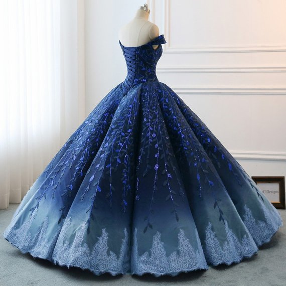 Gorgeous Navy Blue Lace Applique Off Shoulder A-line Ball Gown-Lace-Up Princess Formal Prom Dress