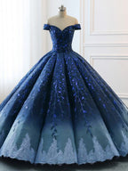 Gorgeous Navy Blue Lace Applique Off Shoulder A-line Ball Gown-Lace-Up Princess Formal Prom Dress