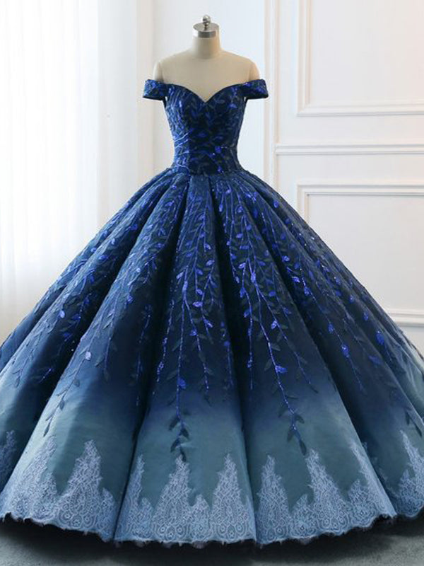 Gorgeous Navy Blue Lace Applique Off Shoulder A-line Ball Gown-Lace-Up Princess Formal Prom Dress Main image