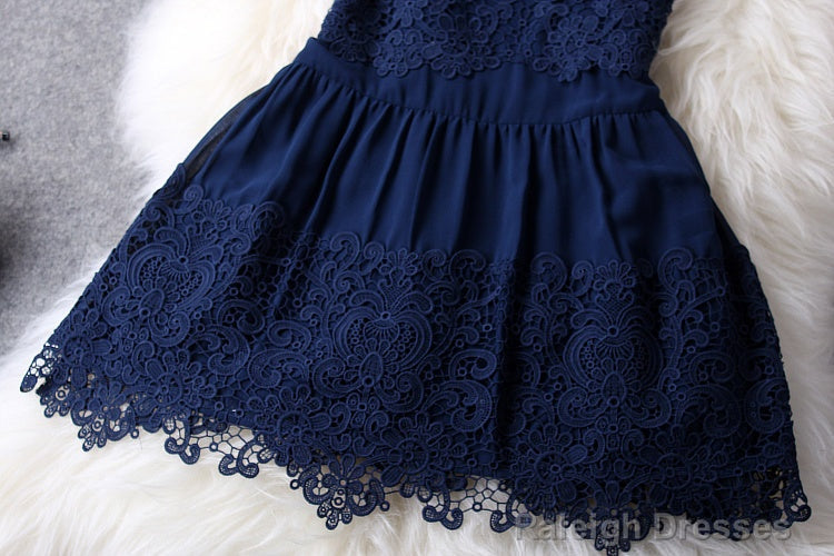 Gorgeous Navy Blue Lace Dresses, Hollow Out Homecoming Dresses For Teen